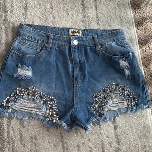 Denim short with rhinestone details